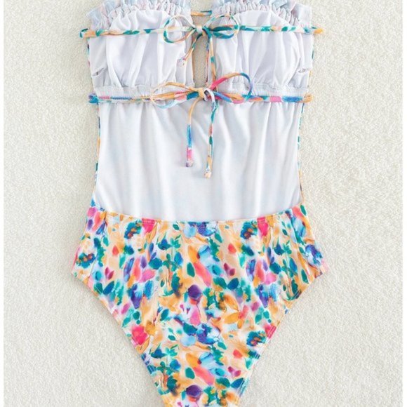 Floral Print Ruched Bust Bandeau One Piece Swimsuit Bathing Suit - Picture 2 of 5